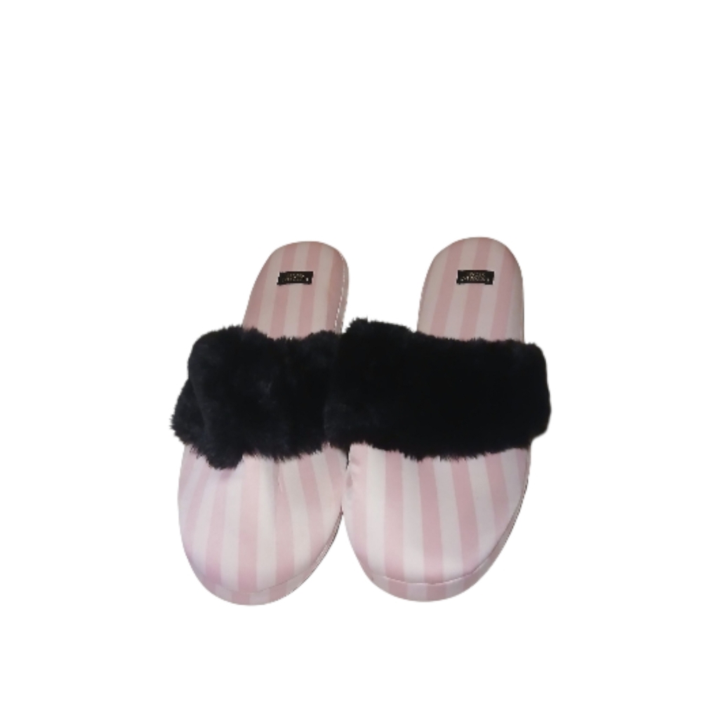 Victoria's Secret Pink & White Striped Satin Fur Trimmed Slippers Size Medium